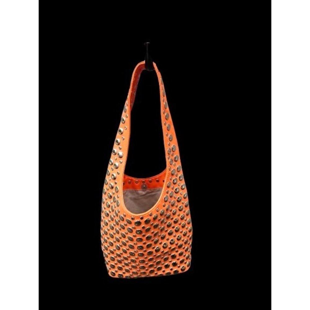 Orange Studded Hobo Shoulder Bag Silver Dome Studs Y2K Rocker Punk Purse